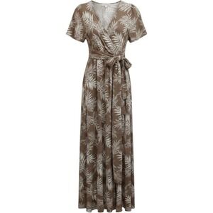 One The Land‎ Tan White Tropical Palm Leaf Wrap Maxi Dress S /#26319